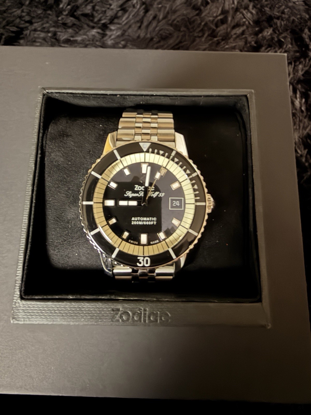 Zodiac Super Sea Wolf 53 Auto Diver 40mm Black Dial 200m Box Manual