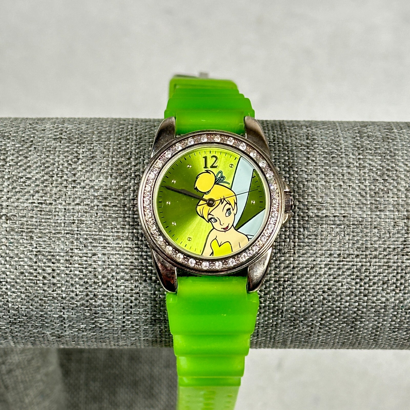 Disney Watch Womens 29mm Tinker Bell Pave Crystal Bezel Green Band New Battery