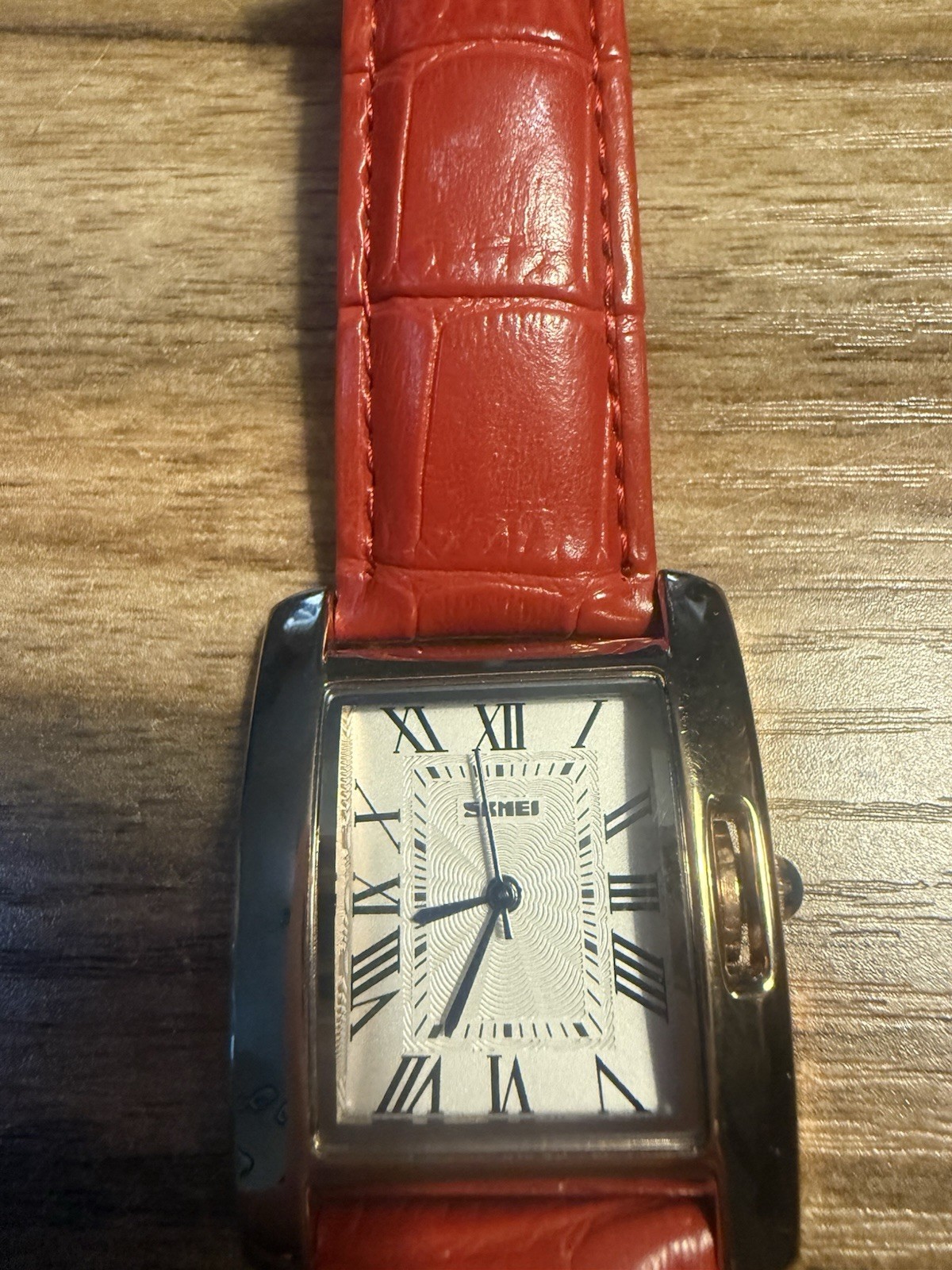 SKMEI 1085 Rectangle Analog Watch White Roman Dial Red Leather Strap 30m Quartz