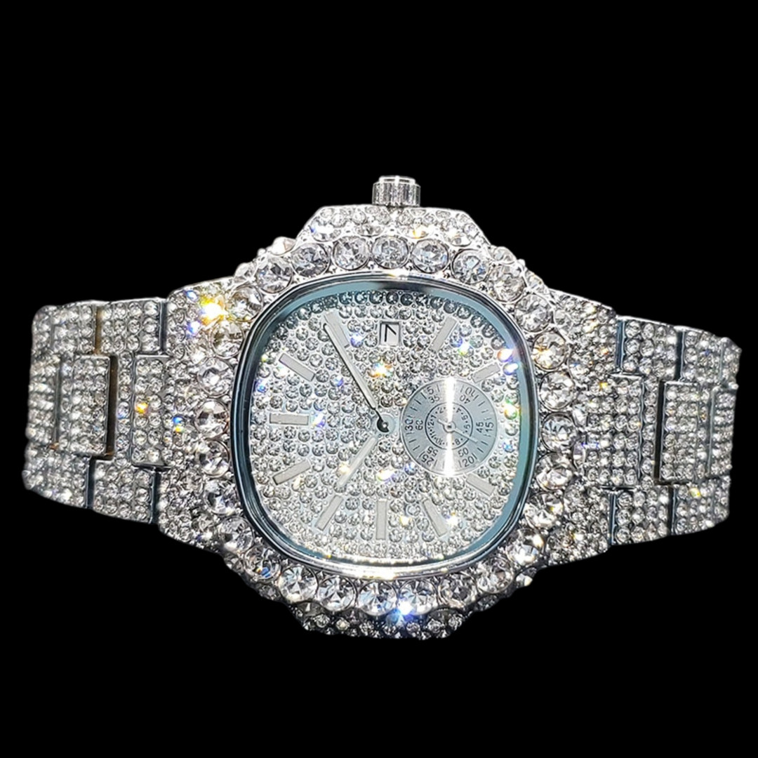 VVS Full Ice Date Special Minute Hand Iced Out Diamond Watch, Men Hip Hop Watch