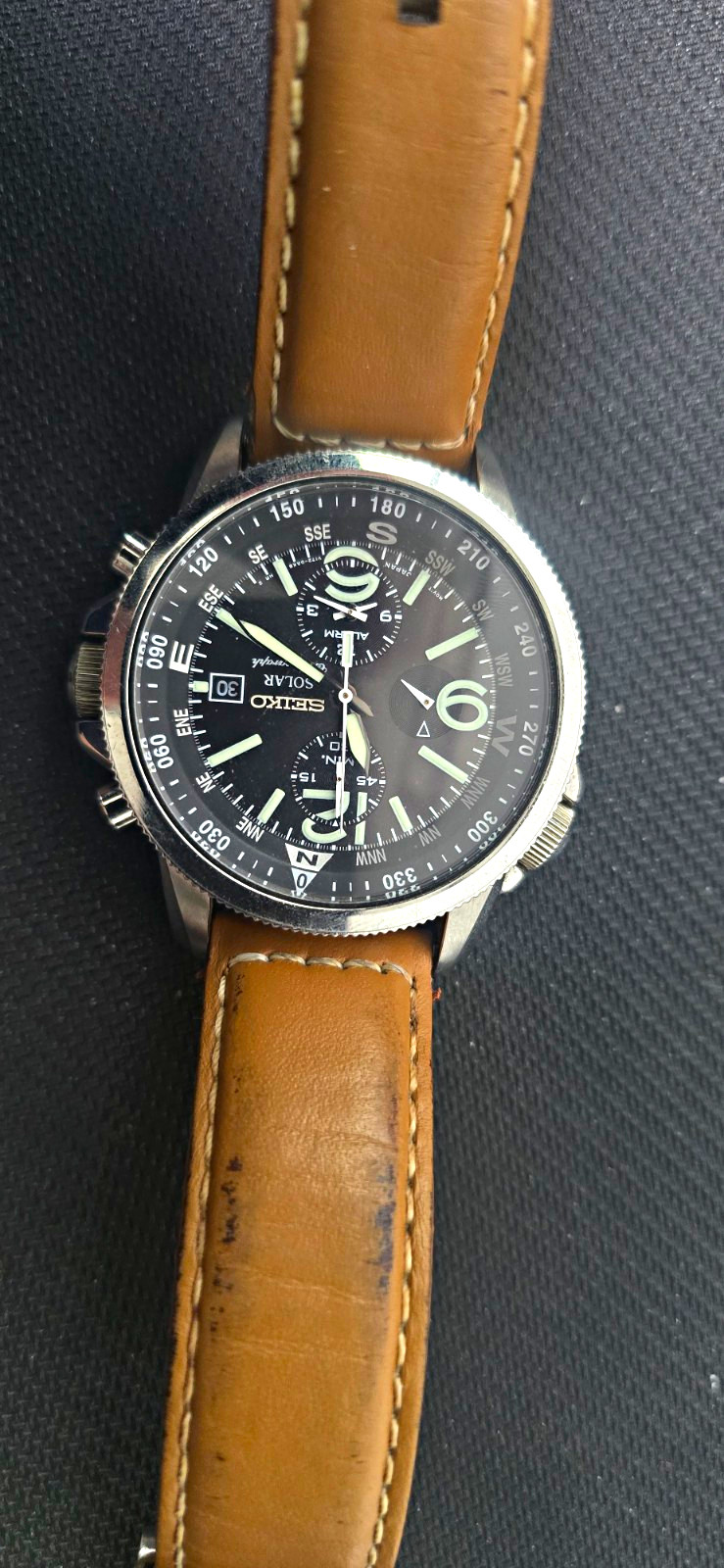 Seiko Solar Chronograph Date 42mm Black Dial Brown Leather Strap 100m