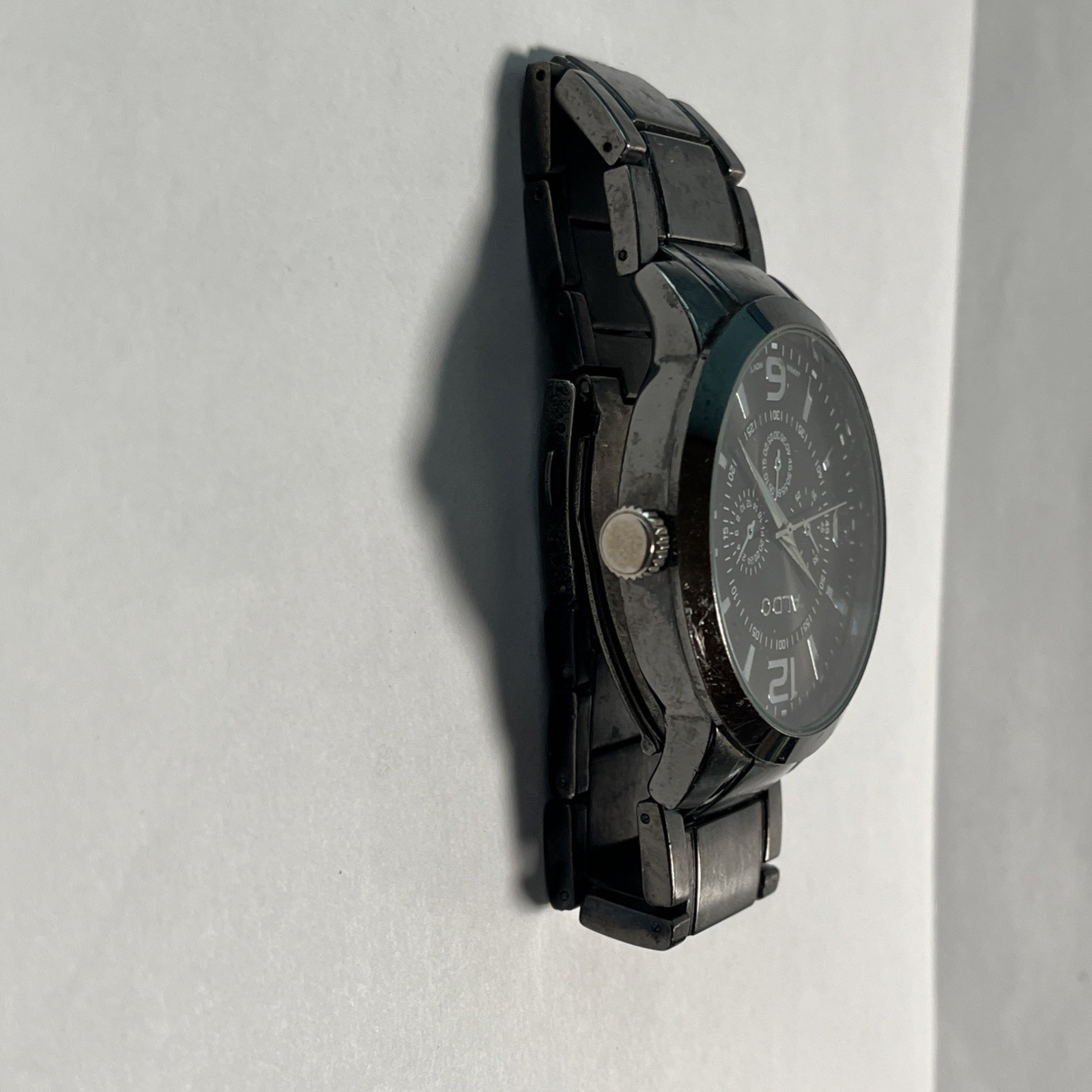 Aldo Men’s Black Chrome Stainless Bracelet Watch Lrg. Face Japan Movement #1210