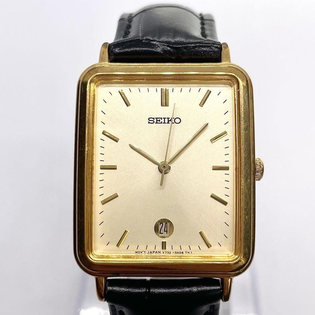 Seiko Gold Rectangle Ultra-Thin Dress Quartz Tank Watch Japan 071056