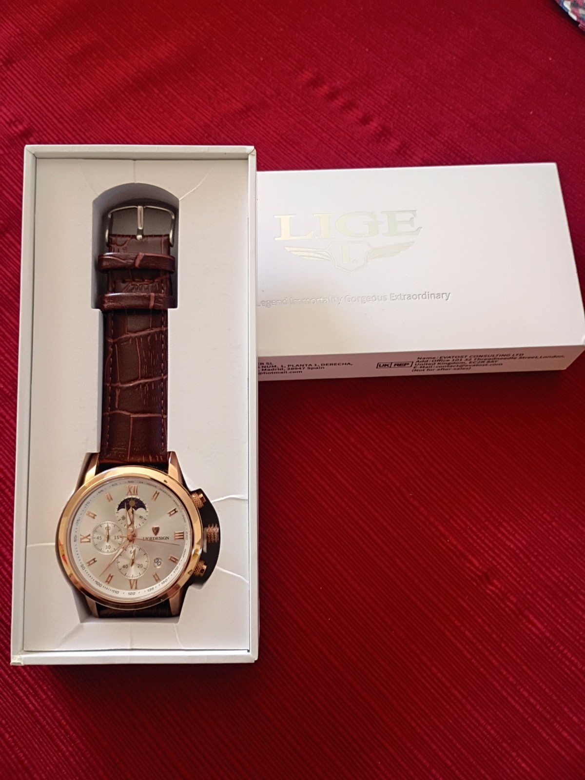LIGE Men’s Analog Quartz Watch Rose Gold Tone White Dial Moonphase Date Box