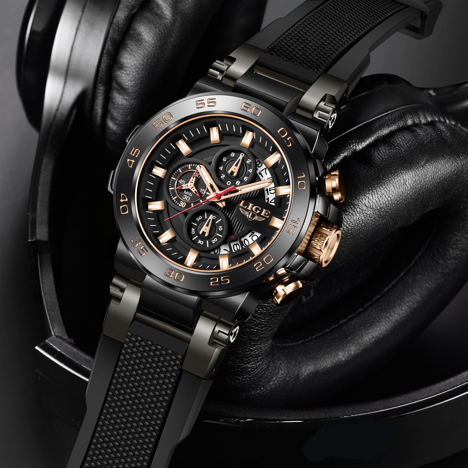 LIGE Men Watch Quartz Chronograph Date 50M Waterproof Sport Diver Man Wristwatch