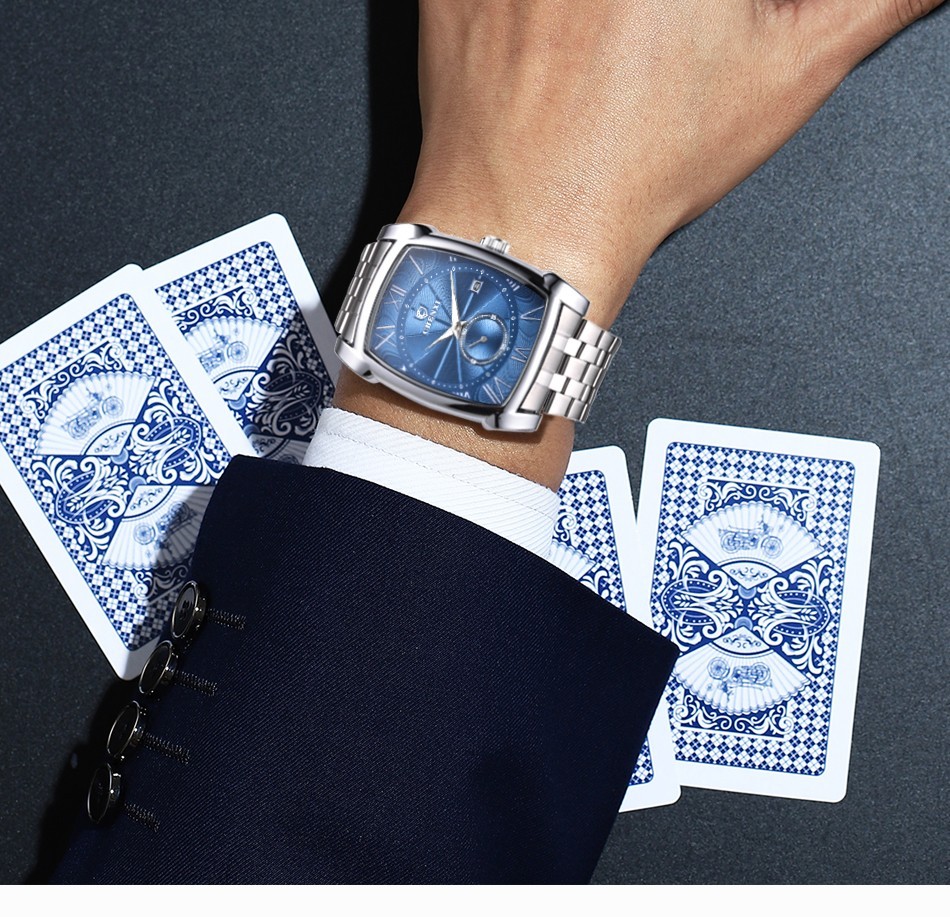 CHENXI Men’s Stainless Steel Rectangle Luminous Business Calendar Quartz Watch
