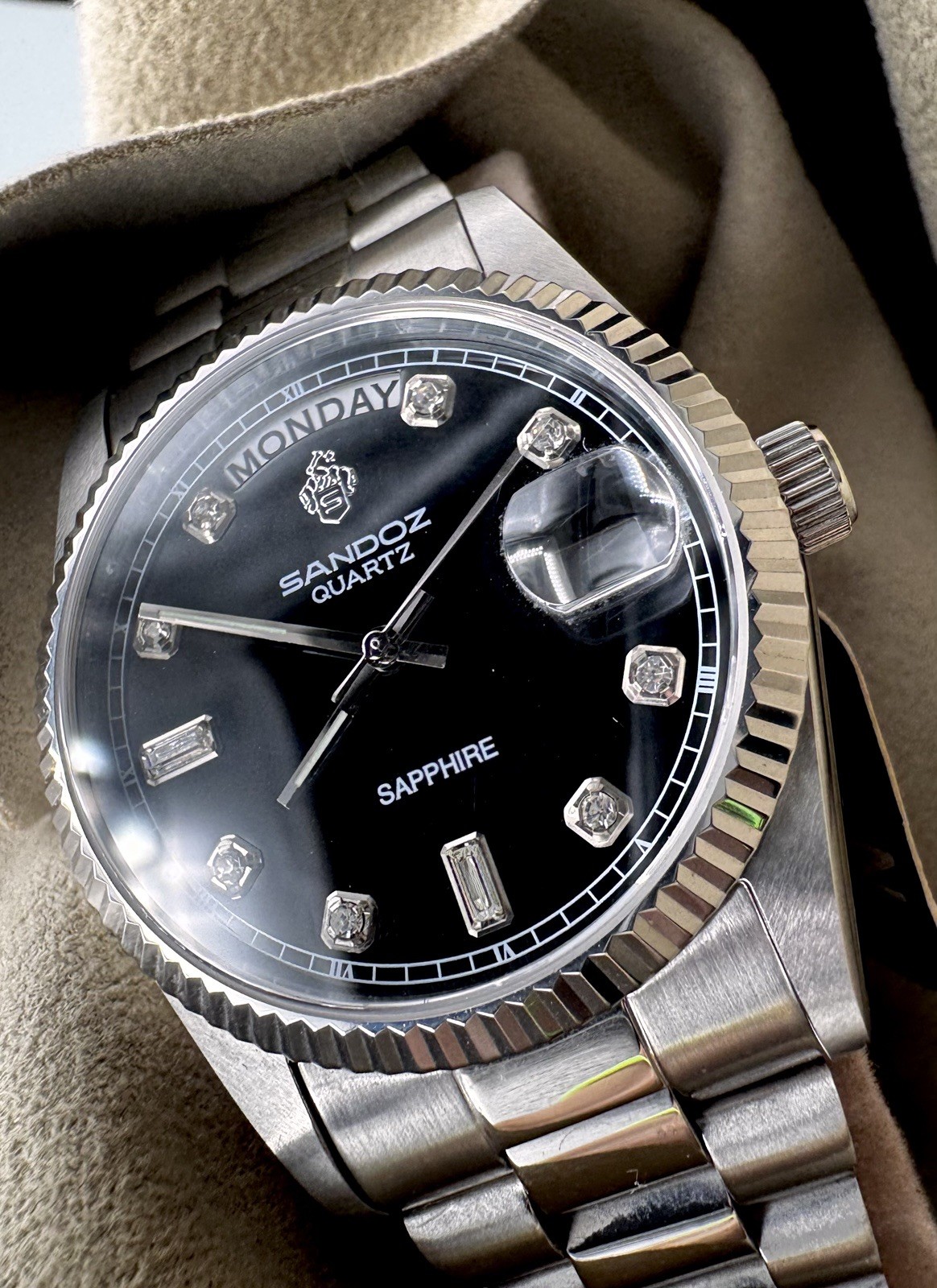 RARE SANDOZ QUARTZ PRESIDENT Silver Sapphire Diamond Black Dial Watch NO G2U