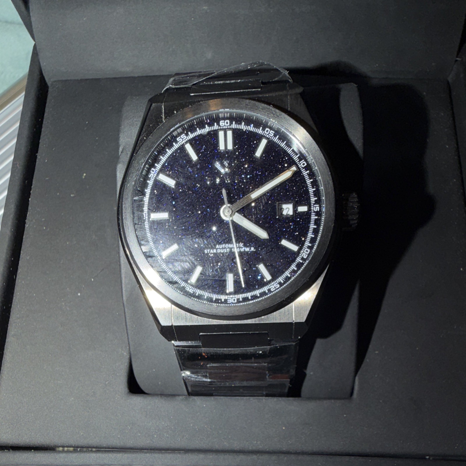 Uswel Star Dust 21J Automatic Watch 100m Stardust Dial Date Exhb Back Box