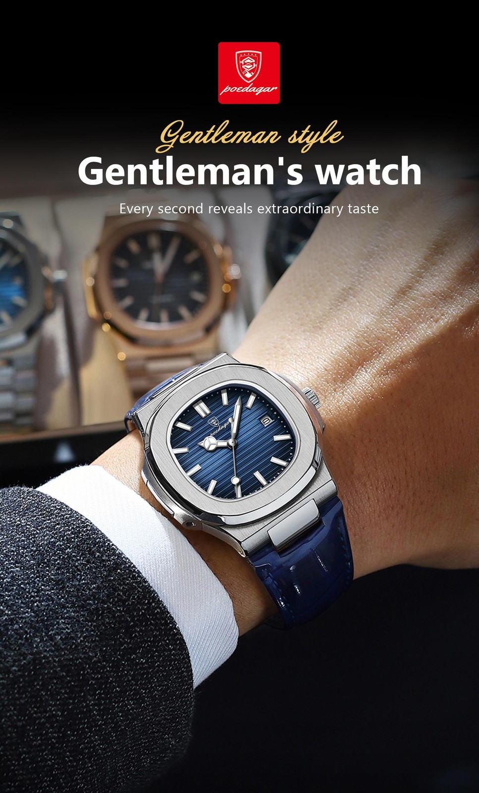 Poedagar Luxury Square Men Watch Date Waterproof Luminous Wristwatch