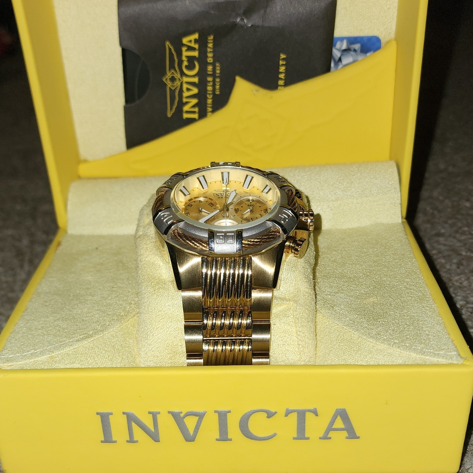 Invicta Bolt Men’s Quartz Chronograph Date 100m Gold Dial 52mm SS Box