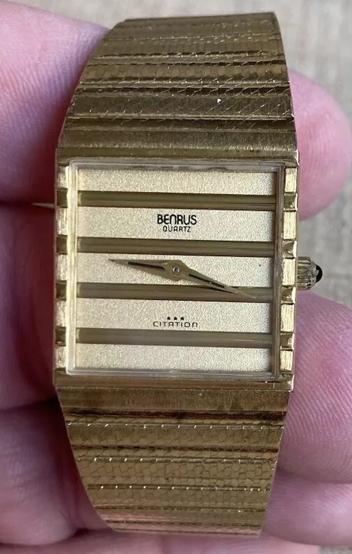 NOT WORKING Vintage Benrus Citation Tank Men’s Quartz Watch Gold Case Japan