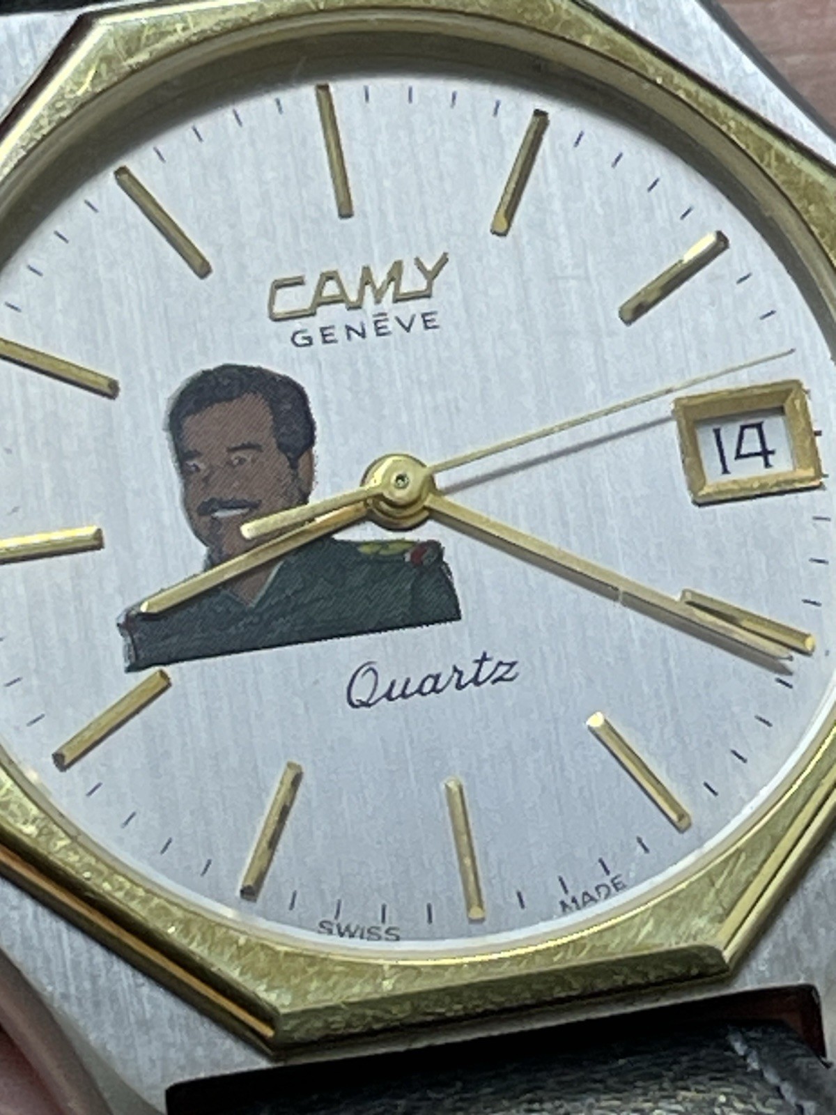 SWISS Cyma President Saddam Hussein Iraq Watch Men Black Dial SS Gold P R2