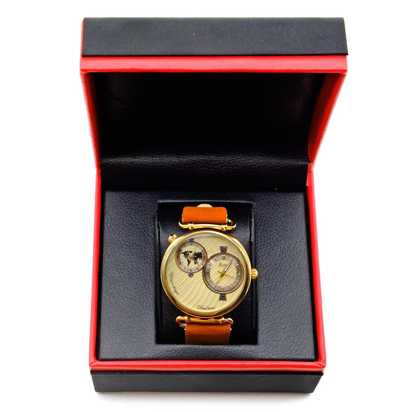 World Charterer Unisex Gold Watch Brown Leather Strap Sporty Classic Style