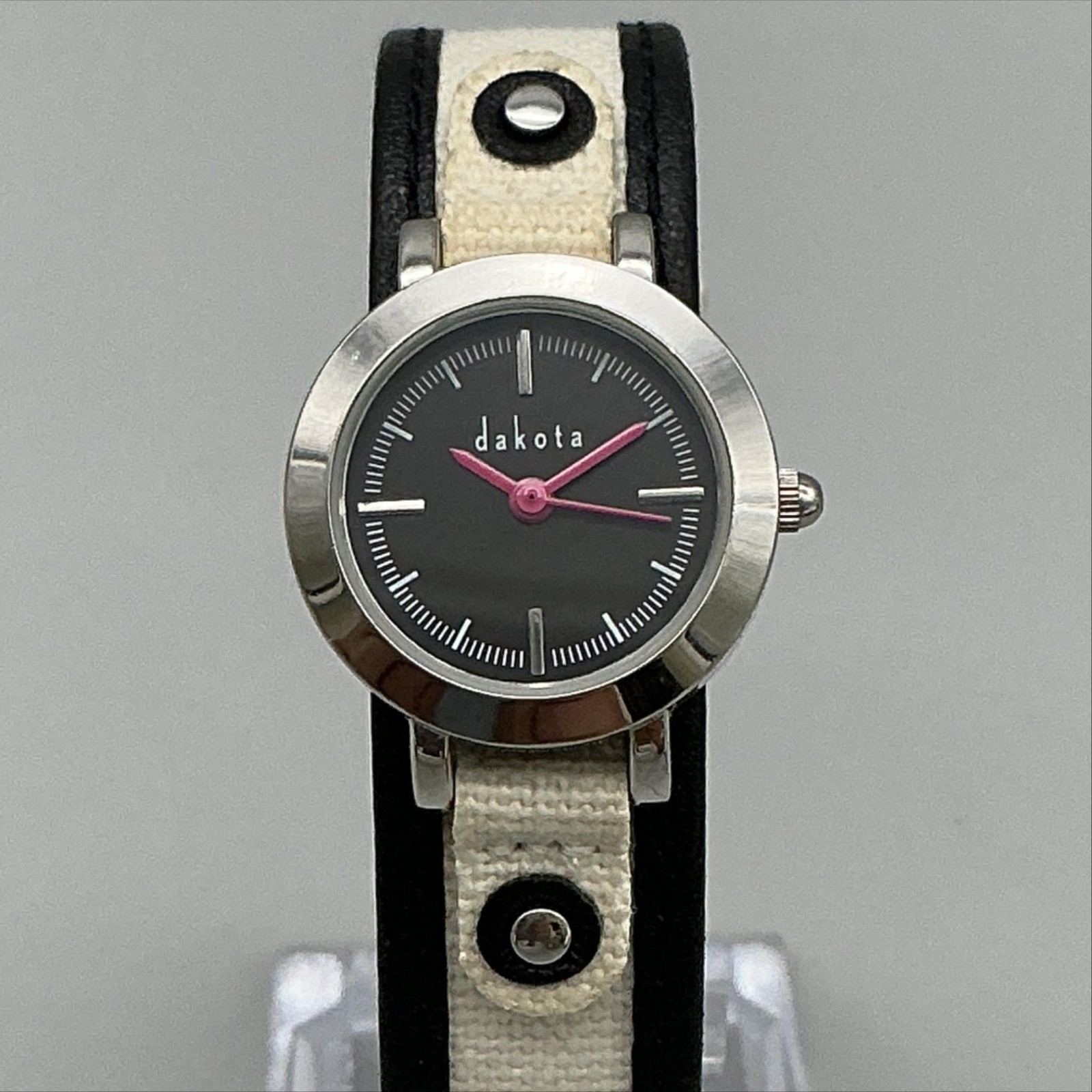 Dakota Womens Watch 23mm Black Dial Pink Hands Canvas Leather New Battery
