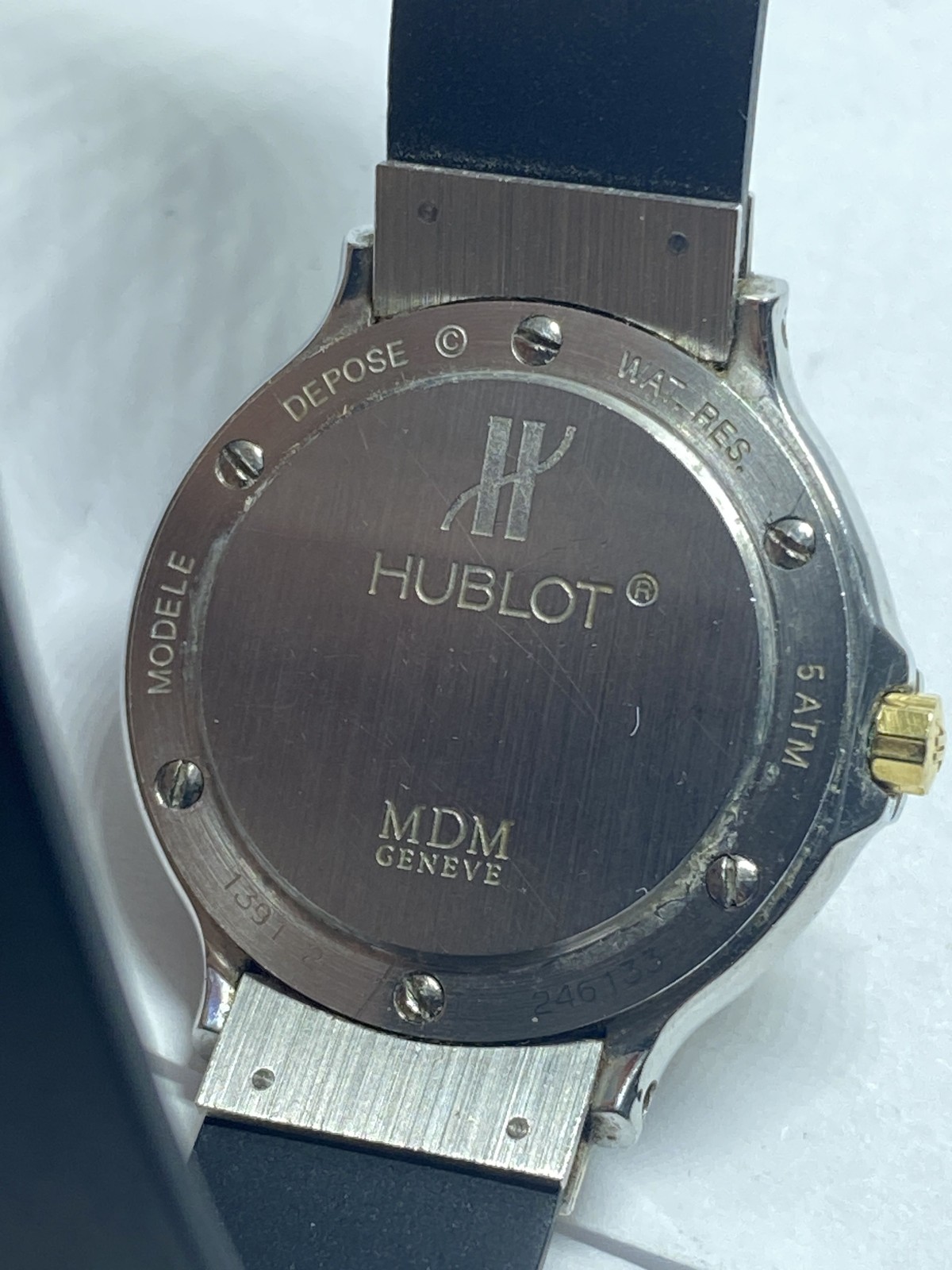 Hublot MDM Geneve Depose 1391.2 Two Tone 28mm Quartz Watch Rubber Strap COA