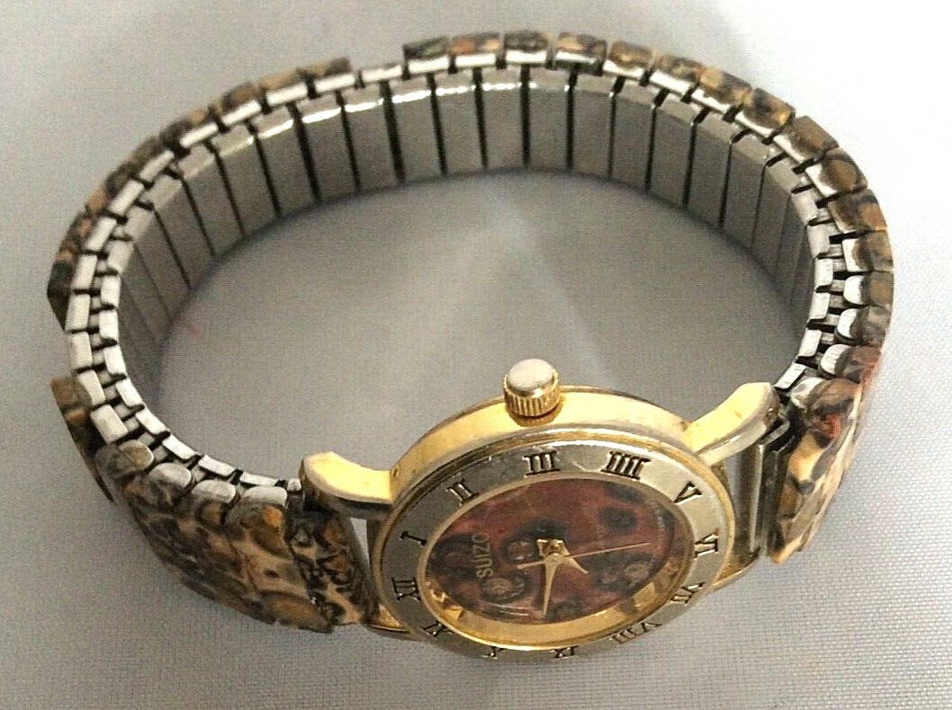 Two Thai-assembled Ladies Watches Jasper Leopard White Leather Gold Tone Hands