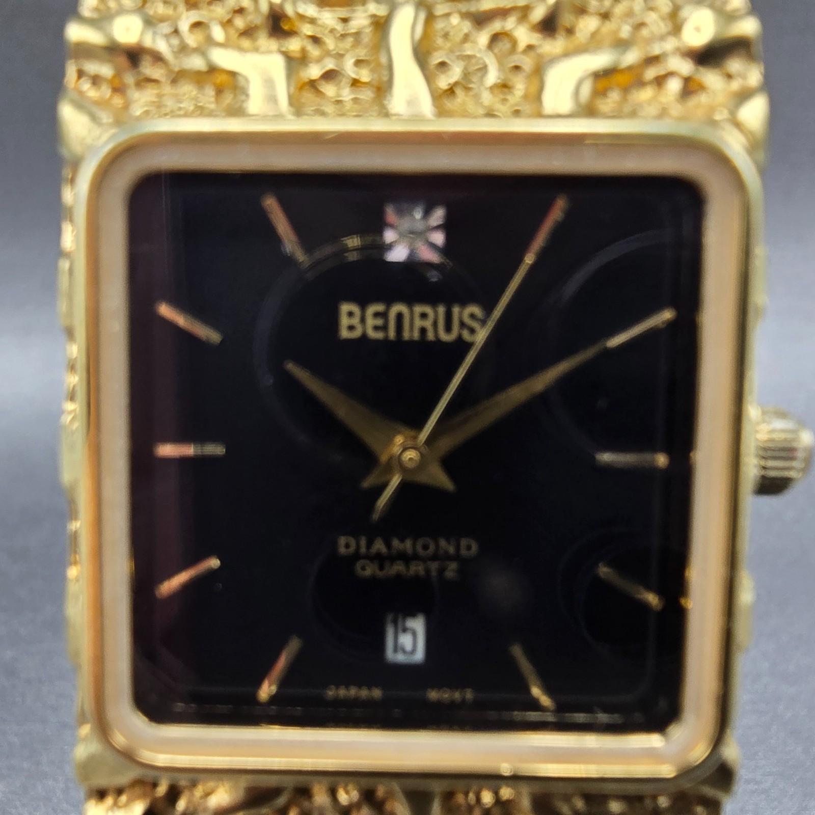 Benrus Gold Nugget Watch Unisex 28mm Black Dial Gold Tone Date Rectangle New bat