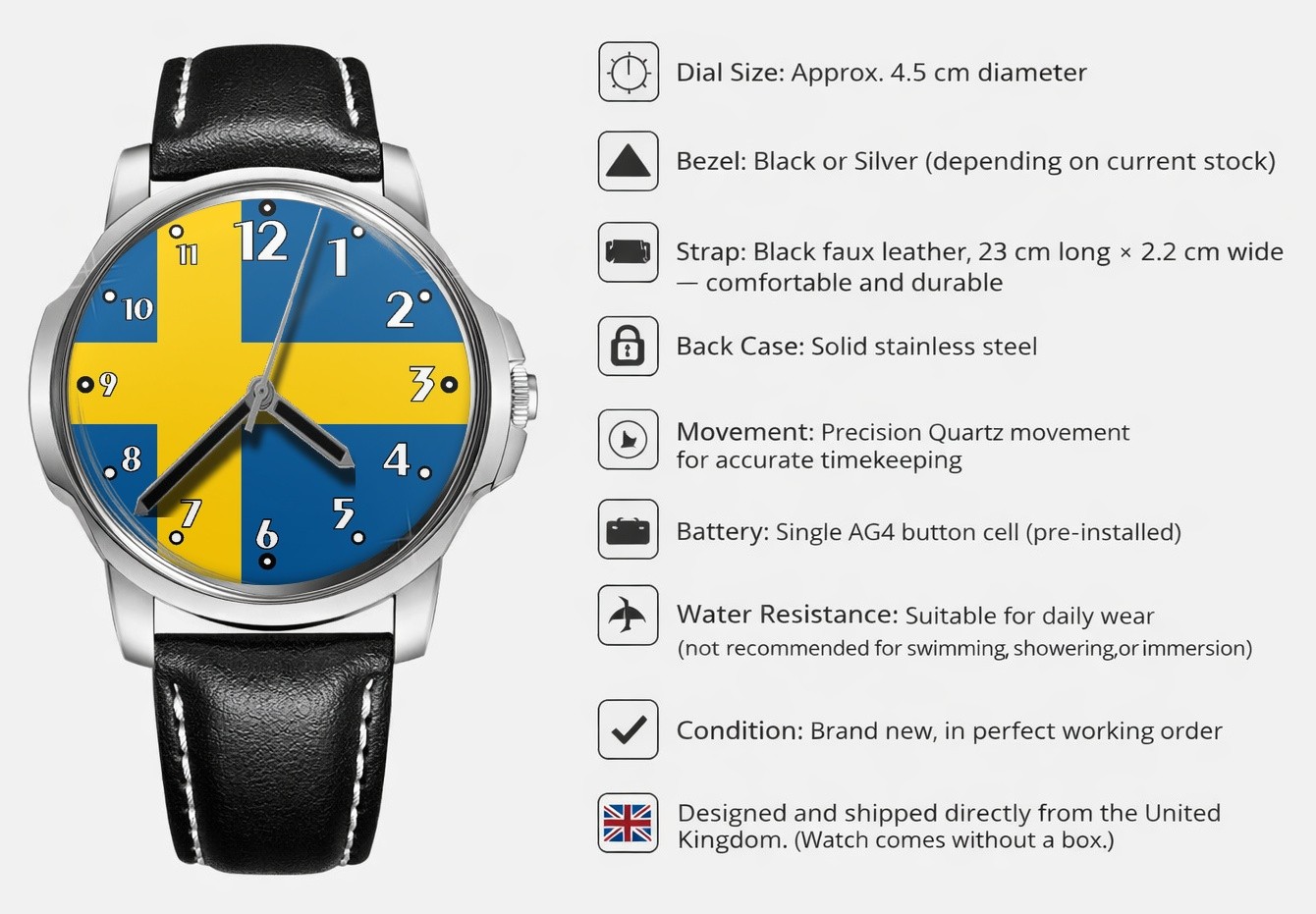 Flag Of Sweden Collectable Leather Strap Big Dial Gift Wrist Watch