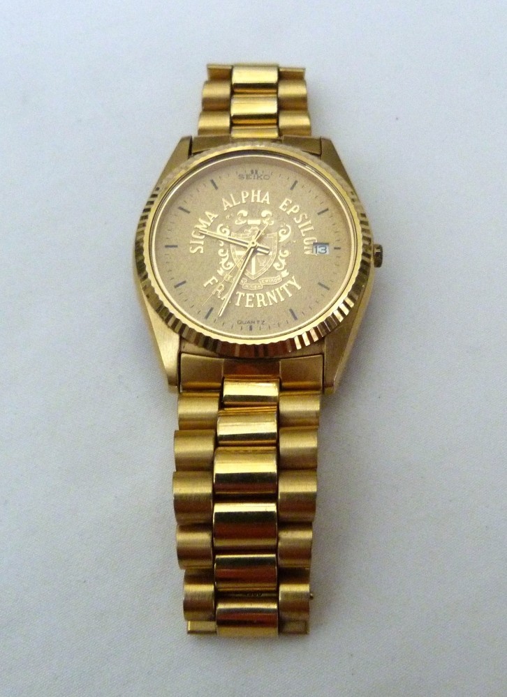 RARE VTG 1988 SEIKO SIGMA ALPHA EPSILON FRATERNITY 5Y23-8A69 GOLDTONE MENS WATCH