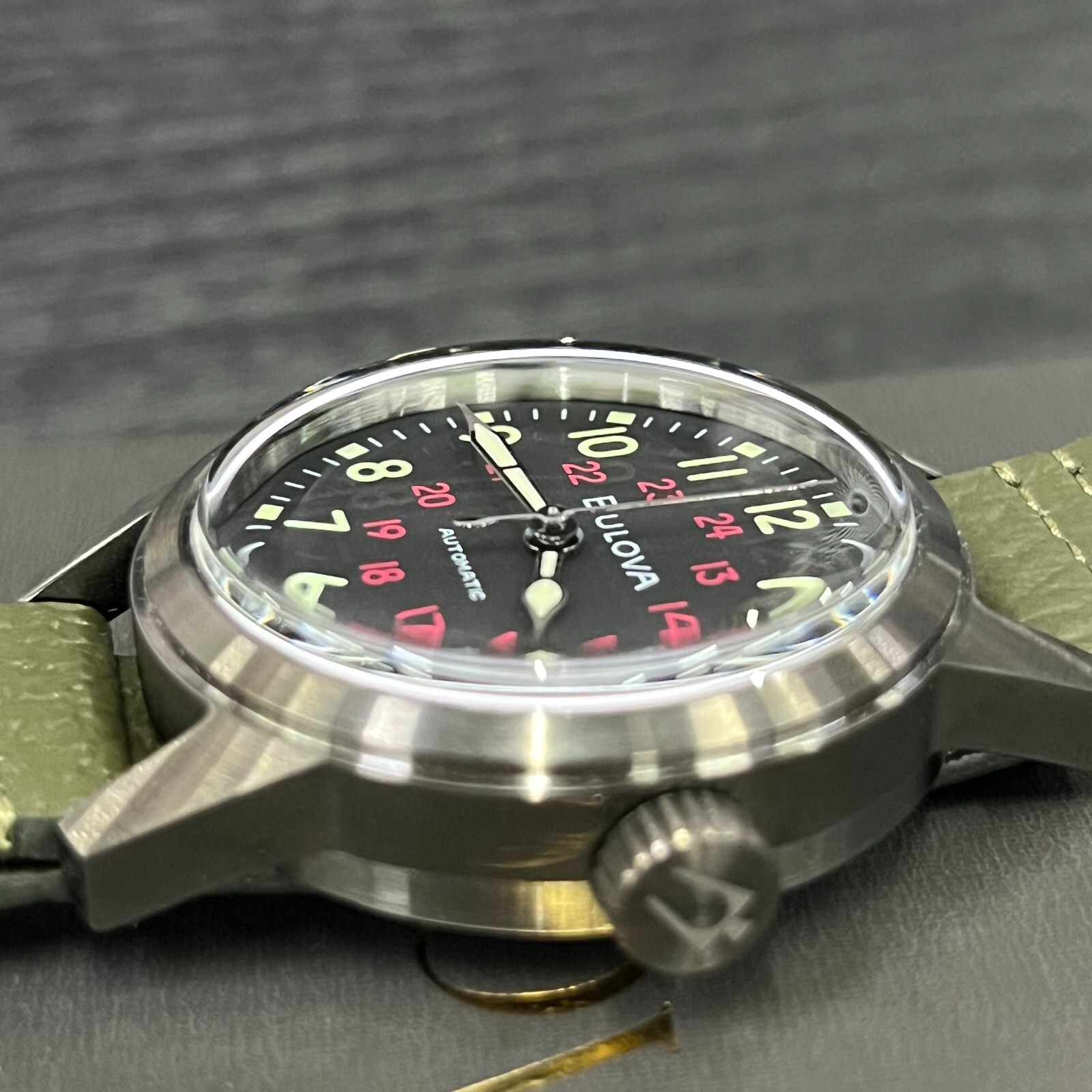 Bulova Hack 38MM Black Dial Green Leather Strap Automatic Men’s Watch 98A255