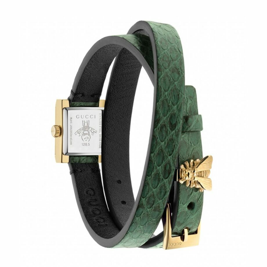 NEW GUCCI G Frame Double Mother of Pearl Dial Green Leather Strap Watch YA128525