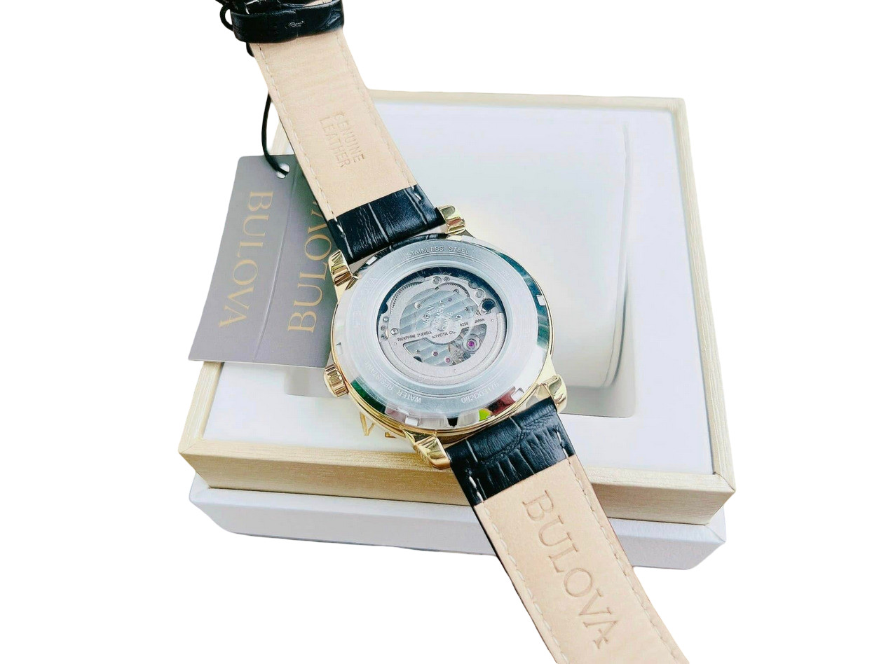 Bulova Automatic Gold Tone Black Dial Leather Band Men’s Watch 97A166