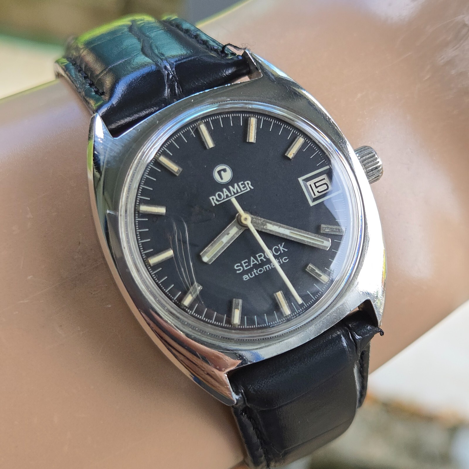 Vintage ROAMER SEAROCK men’s automatic watch MAT 471 28Jewels black dial 1960s