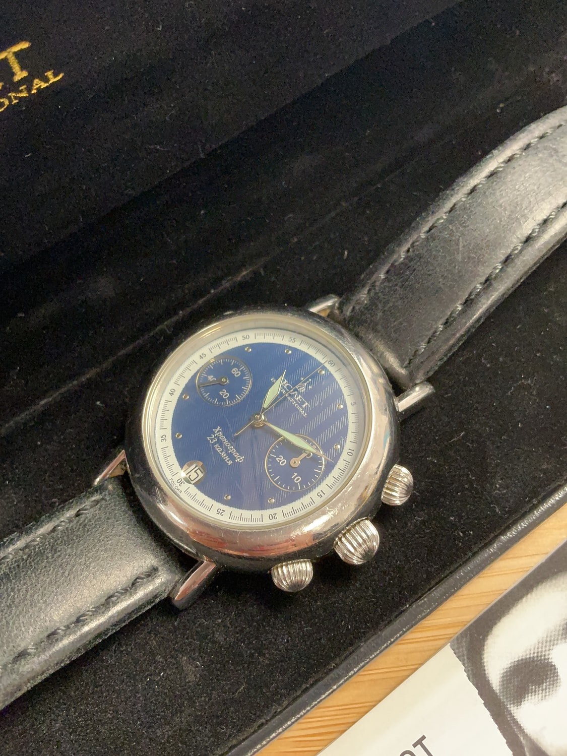 Vintage Poljot 3133 Model International Round Chrono Blue Dial Mechanical Watch