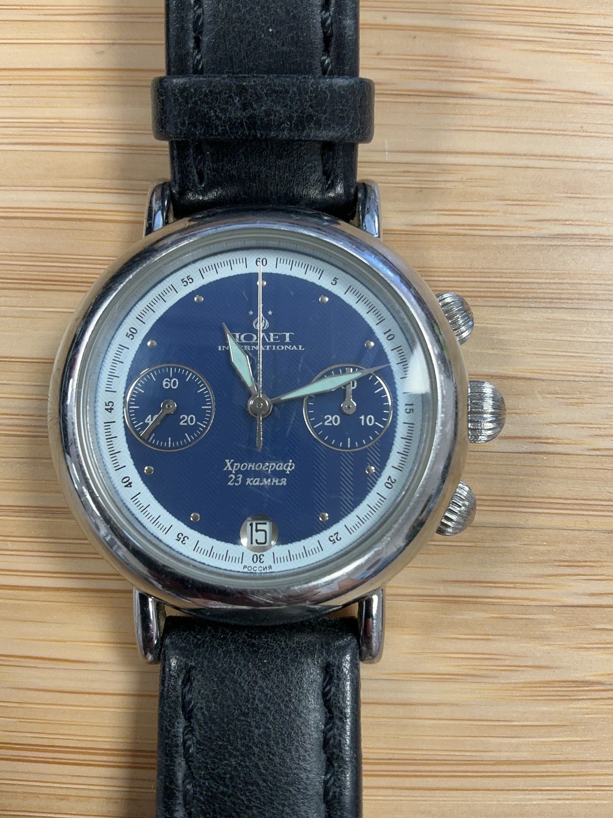 Vintage Poljot 3133 Model International Round Chrono Blue Dial Mechanical Watch
