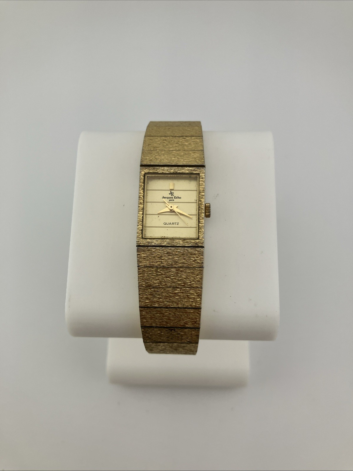 Vtg Jaques Edho Paris Ladies 15mm Watch Gold Tone Rectangle Dial 5.75″ – RUNS