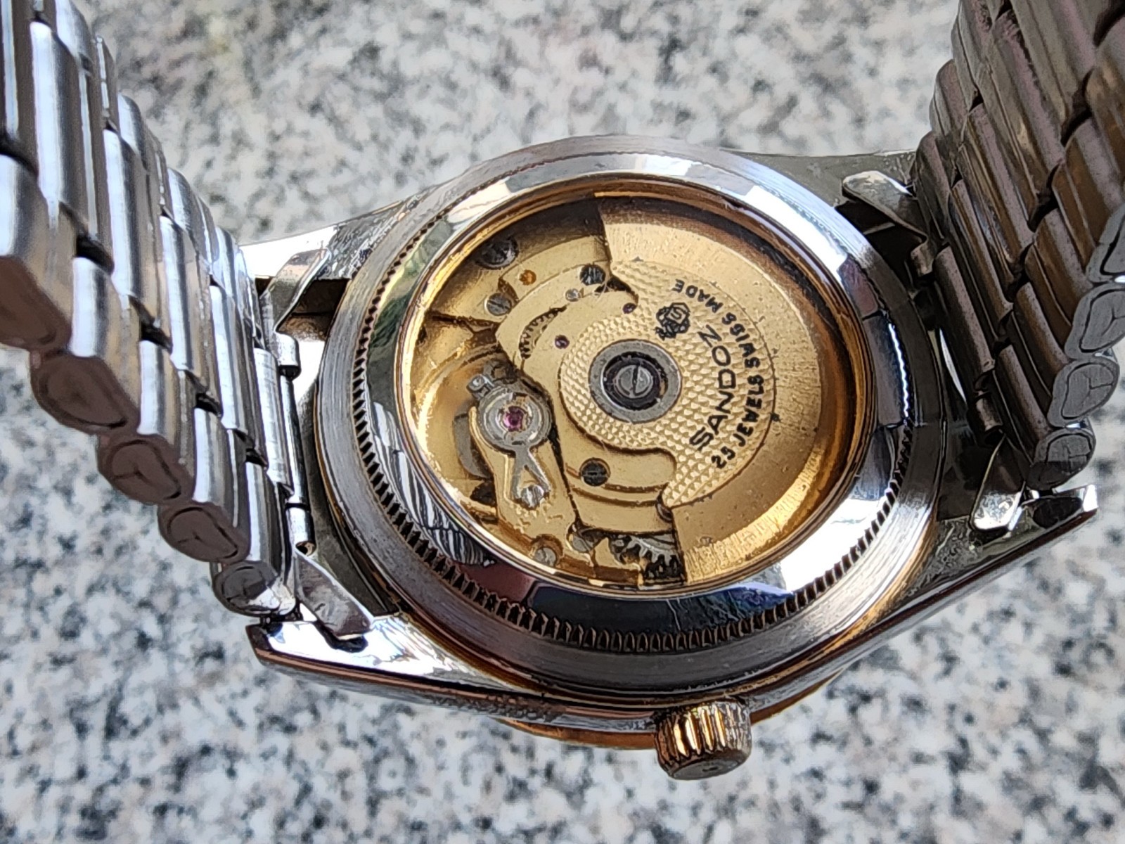 Rare Vintage Sandoz Automatic ETA Movement Gents Gold Dial Day Date Style 2834-2