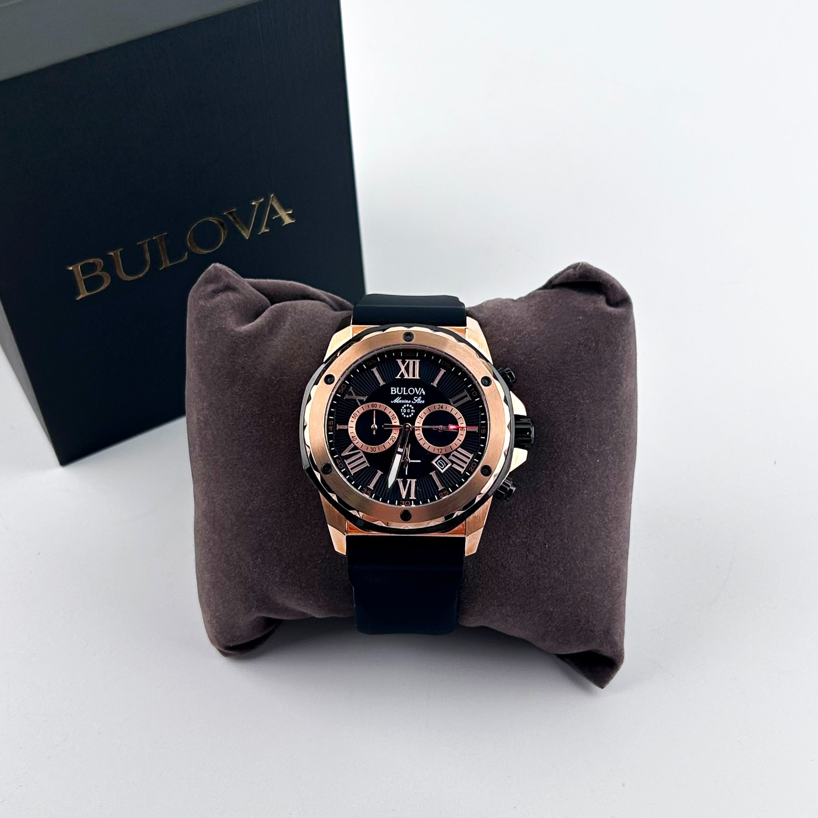 Bulova Marine Star 98B104 Men’s Black Dial Black Rubber Strap Quartz Watch 44mm