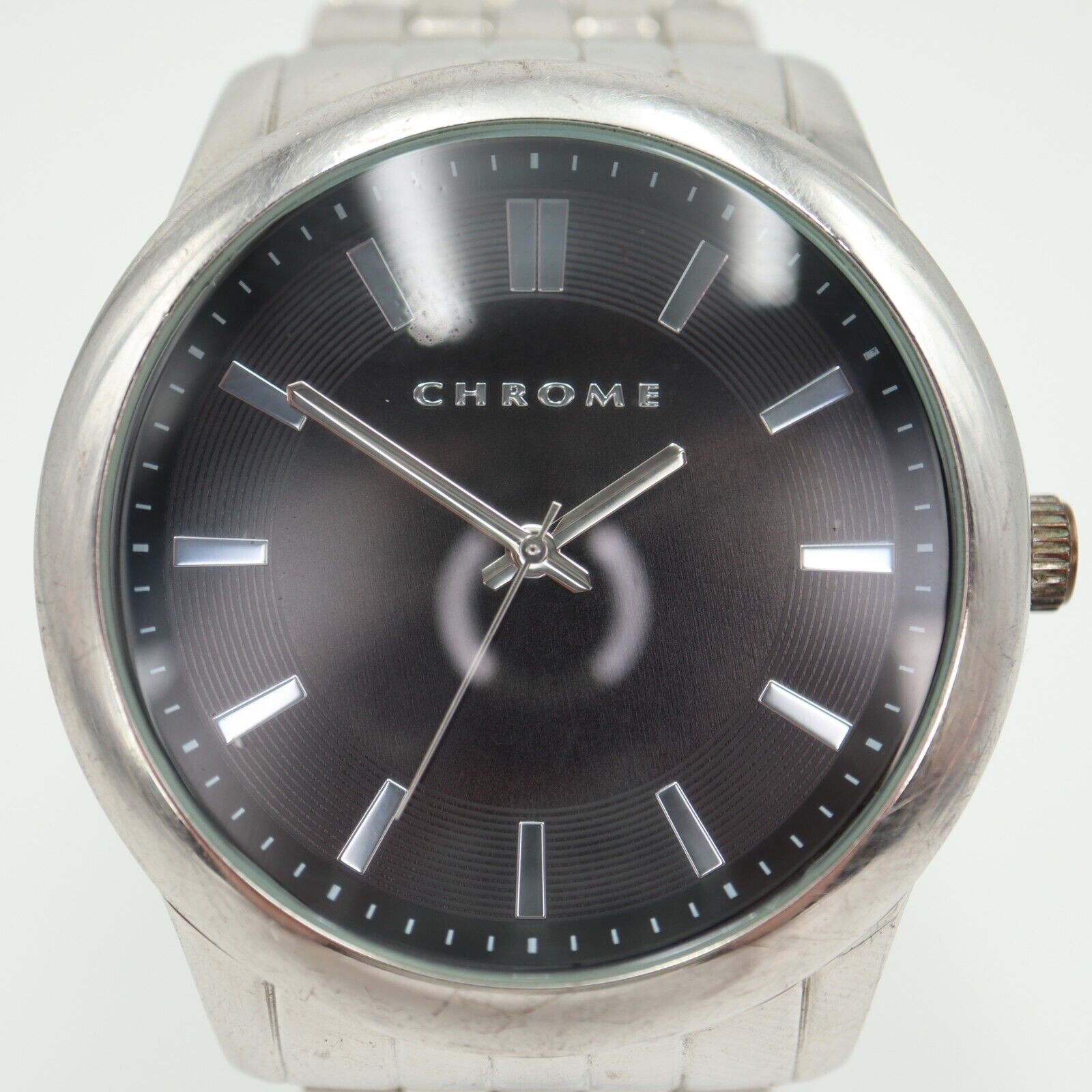 Chrome Mens Watch 45mm Silver Tone Black Gray Dial Stainless Steel w New Battery
