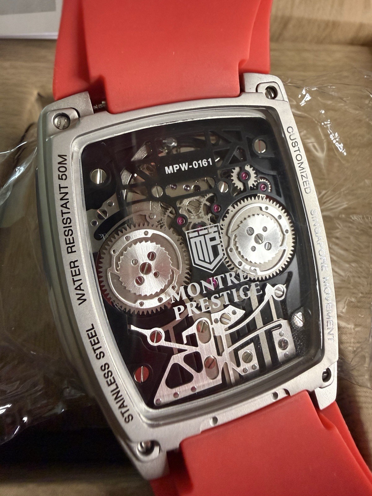 🏎️ Montres Prestige Automatic Skeleton 44mm Red Silicone Strap Watch w/ Box