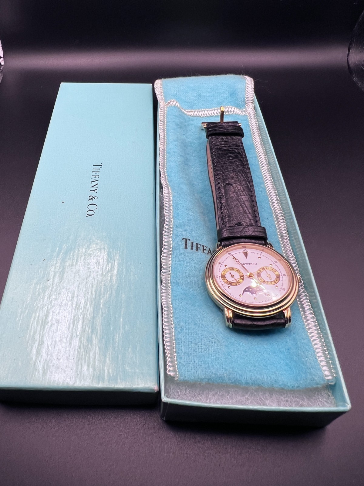 Tiffany & Co Portfolio Moonphase Swiss Quartz 18K Gold Plate Watch Box Unworn