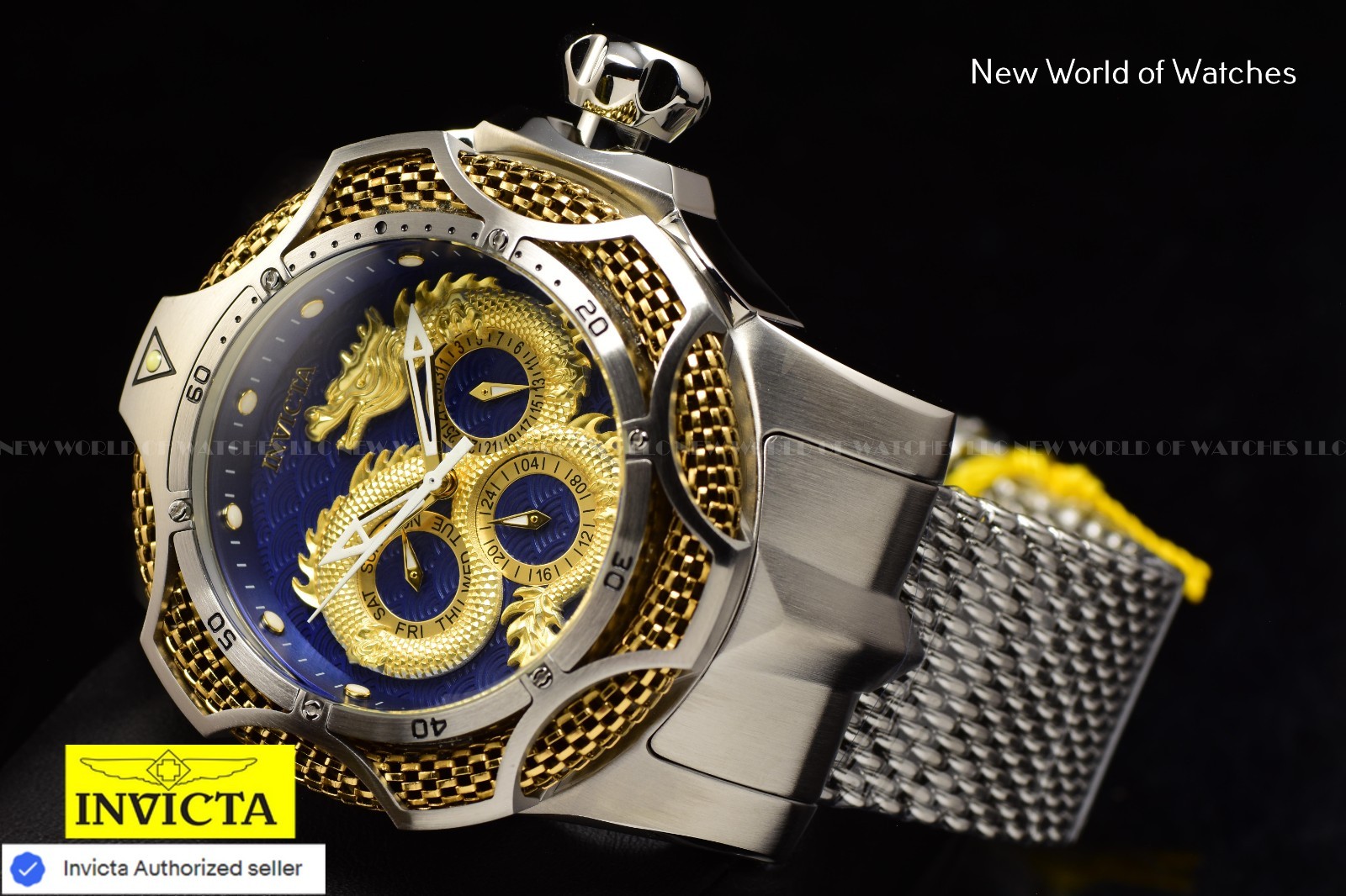 New Invicta Venom Draconis 53mm Golden Predator Silver Tone Mesh SS Chrono Watch