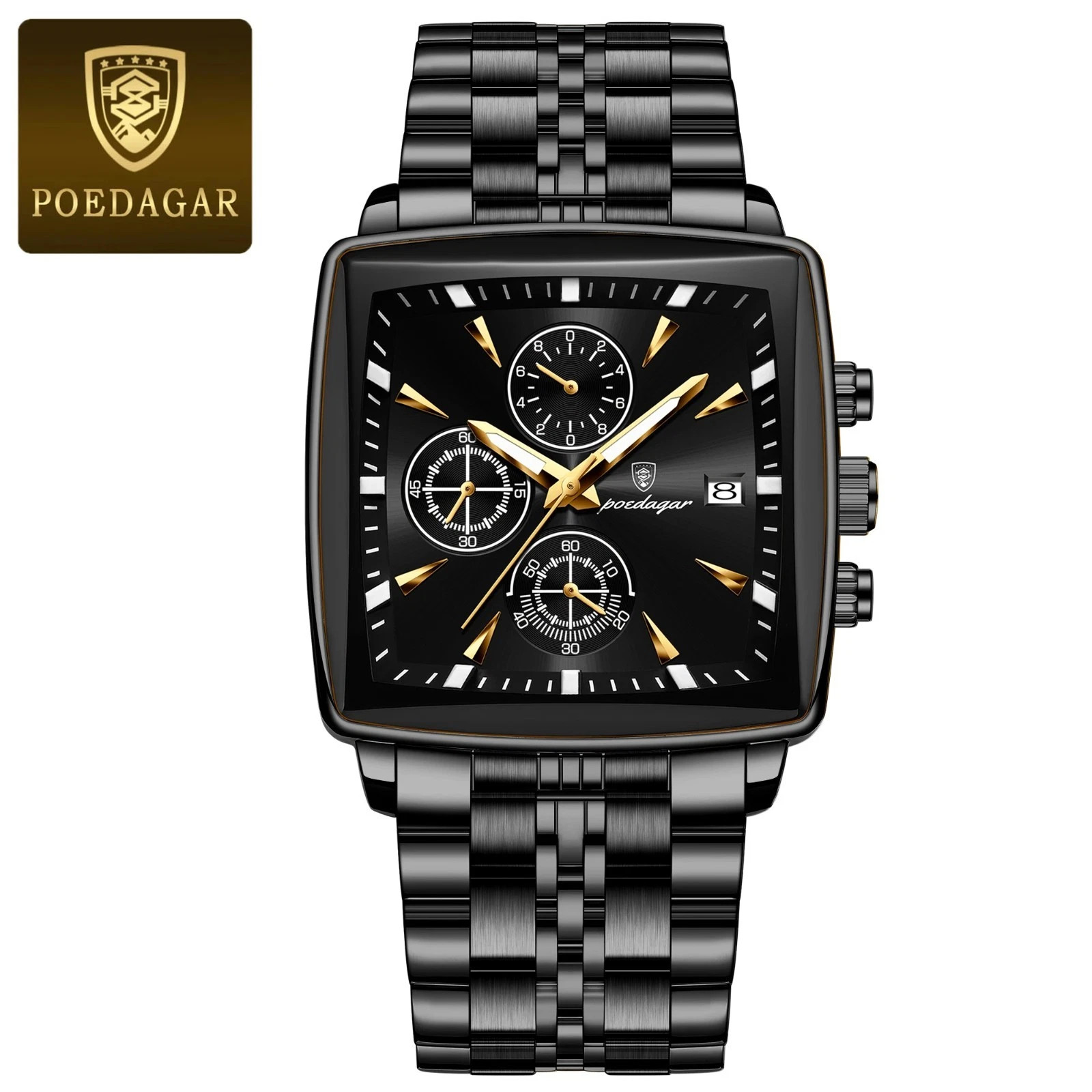 Luxury Men’s Watch Square Stainless Steel Waterproof Luminous Chrono