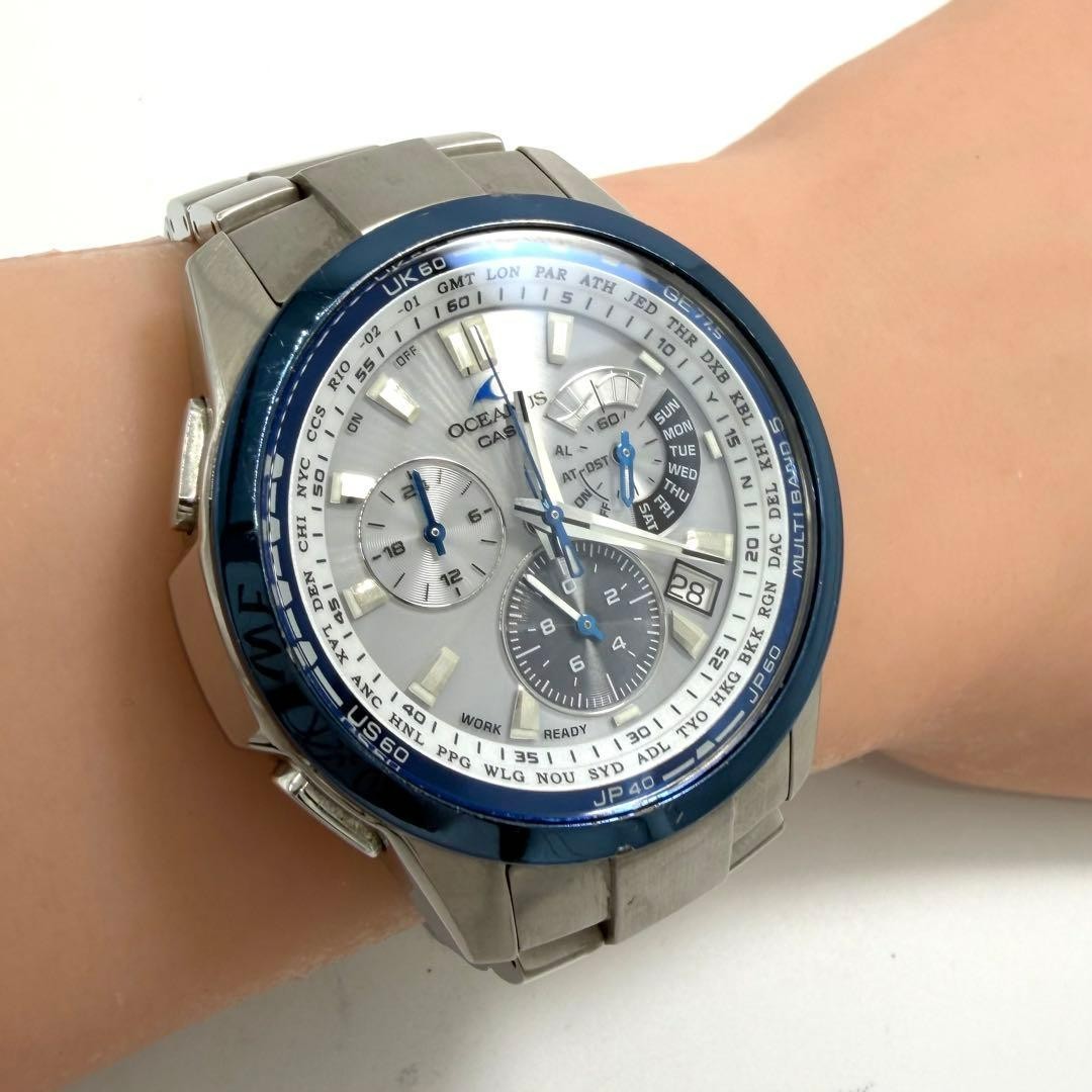CASIO OCEANUS OCW-M700 Solar Atomic Chronograph Titanium Blue Bezel White Dial