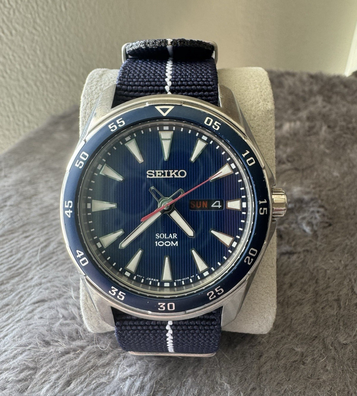Seiko Solar Quartz 100m Day/Date Blue Dial Blue Bezel Watch w/ Extra Straps