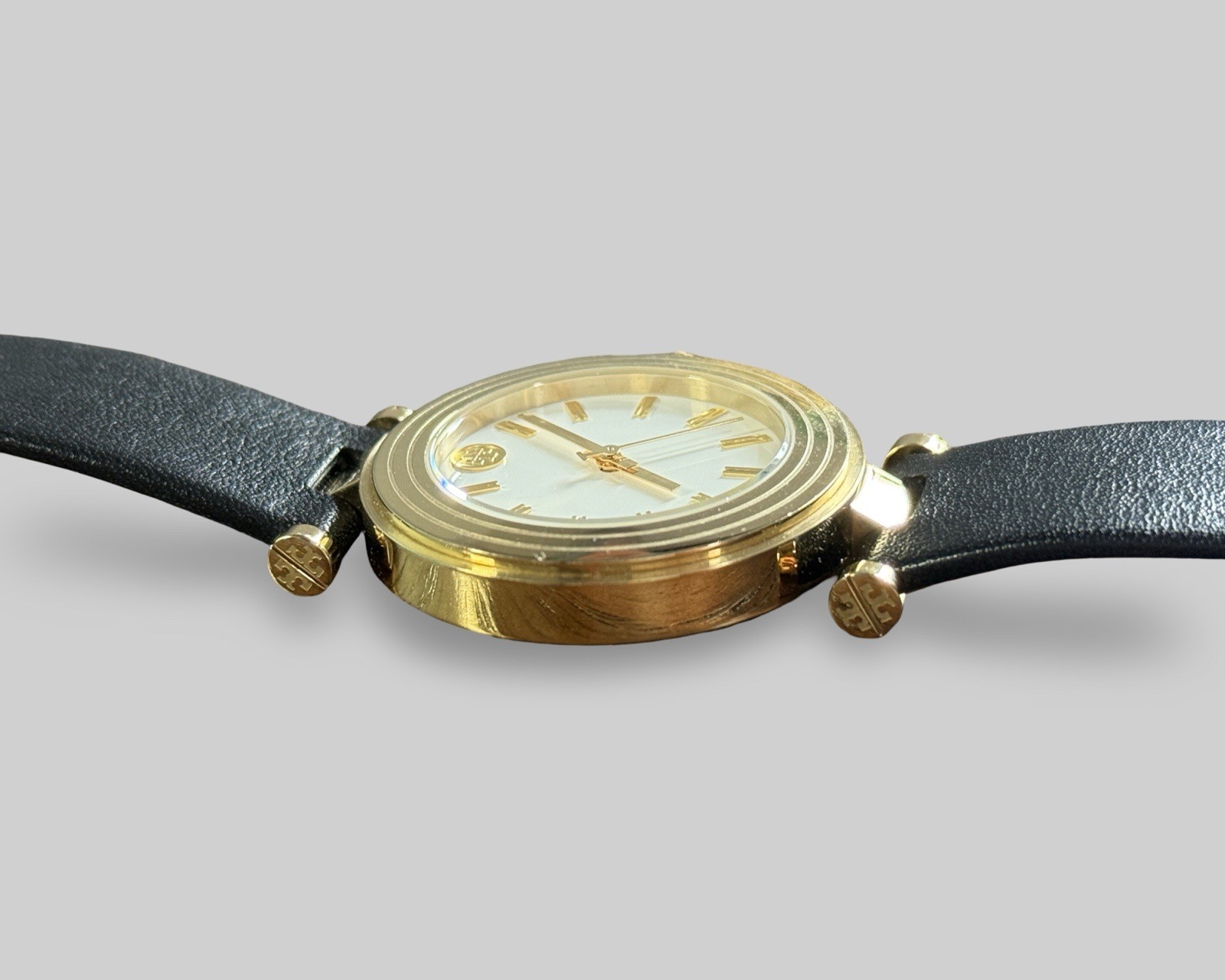AUTHENTIC Tory Burch Classic-T Ivory Dial Black Leather Strap Watch TBW9003-USED