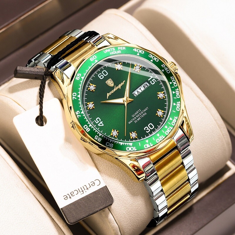 POEDAGAR Men Date Watch Quartz Wristwatch Waterproof Luminous Stainless Watches
