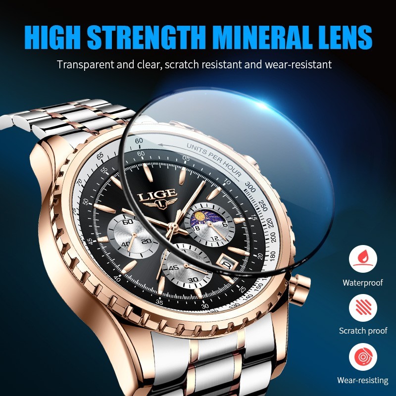 LIGE Men Watch Quartz Luminous Calendar 3ATM Waterproof Daily Casual Wristwatch