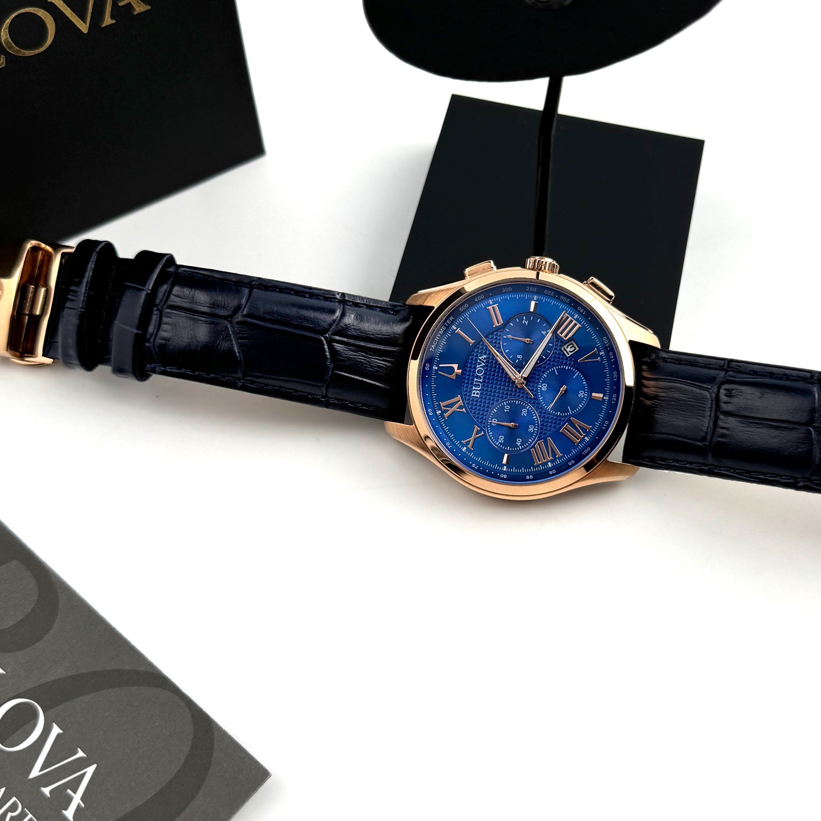 Bulova Wilton 97B170 Chronograph Quartz Blue Dial Leather Strap Men’s Watch