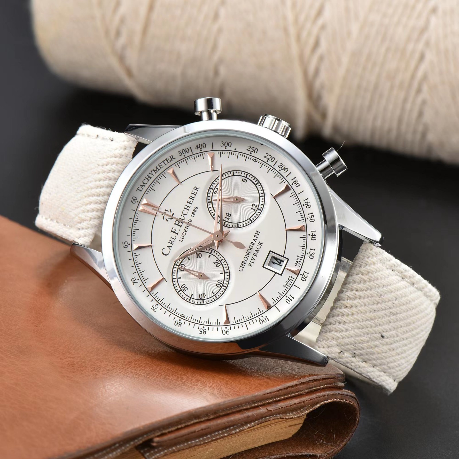 Carl F. Bucherer style chronograph watch Burgundy sub dial nylon strap