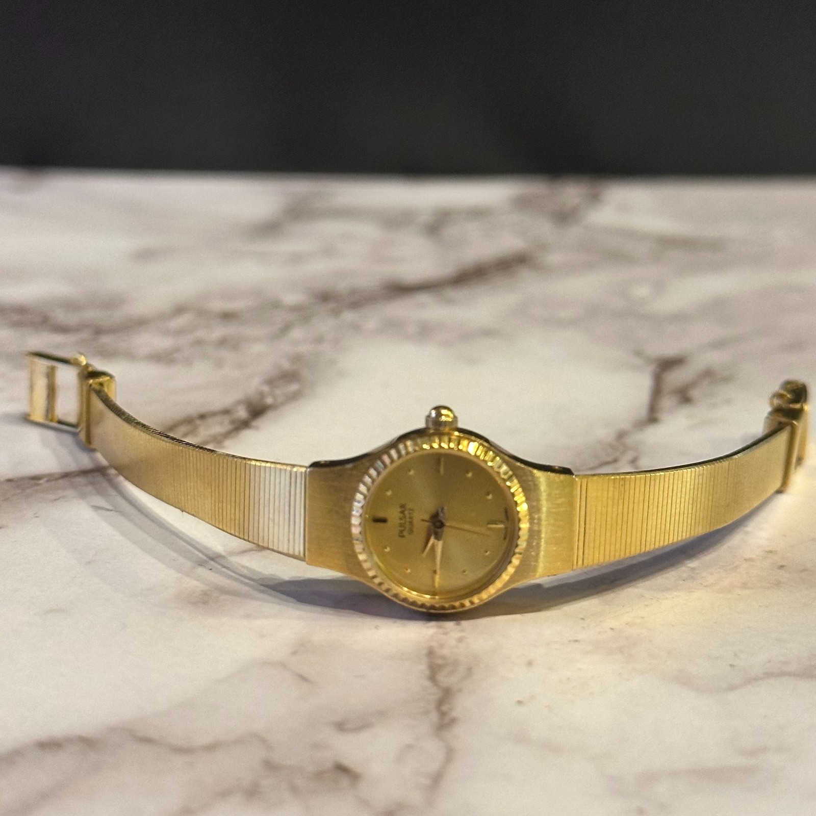Vintage Pulsar Womens Watch Gold Tone Small Dial 15MM New Battery 5.75 Inch
