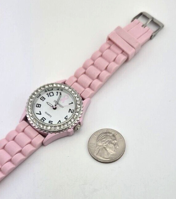 Pink Ribbon Awareness Rhinestone Watch Embassy Gruen Pink Silicone Band NEW BATT