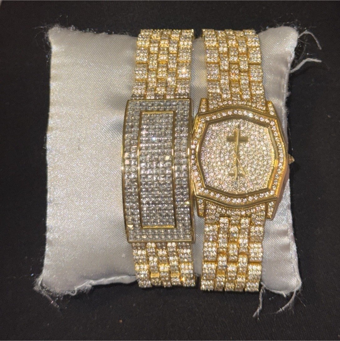 Lot of 2 Women’s Gold Tone Iced Out Analog Quartz Watches Diamond Bezel