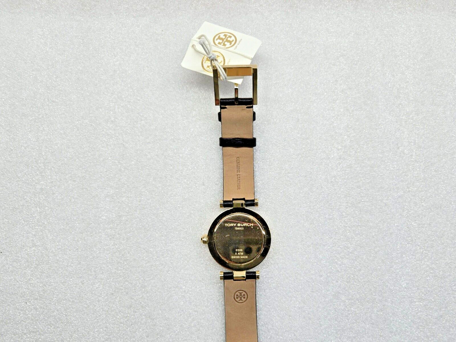 TORY BURCH CLASSIC T IVORY DIAL BLACK LEATHER STRAP WOMEN’S WATCH TB9003 NEW