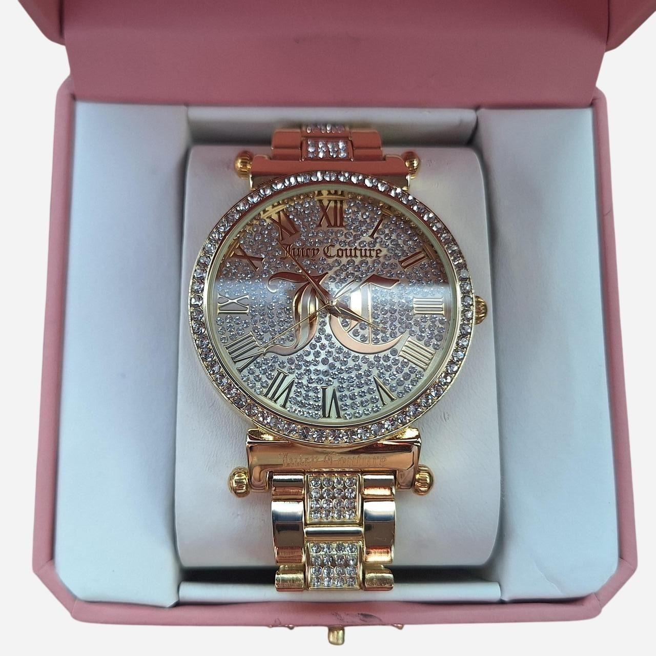 Juicy Couture Women’s Quartz Analog Gold Tone Gem Bezel Watch w/ Pink Box
