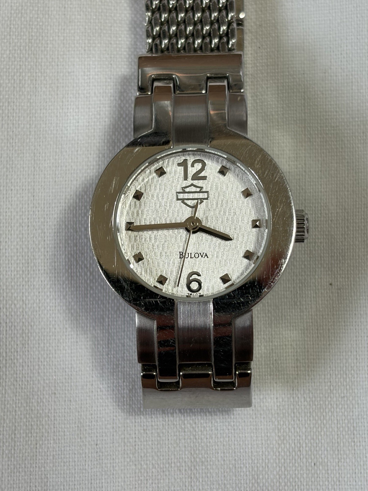 Bulova Harley Davidson Womens Quartz Watch Textured Silver Dial Bracelet Runs
